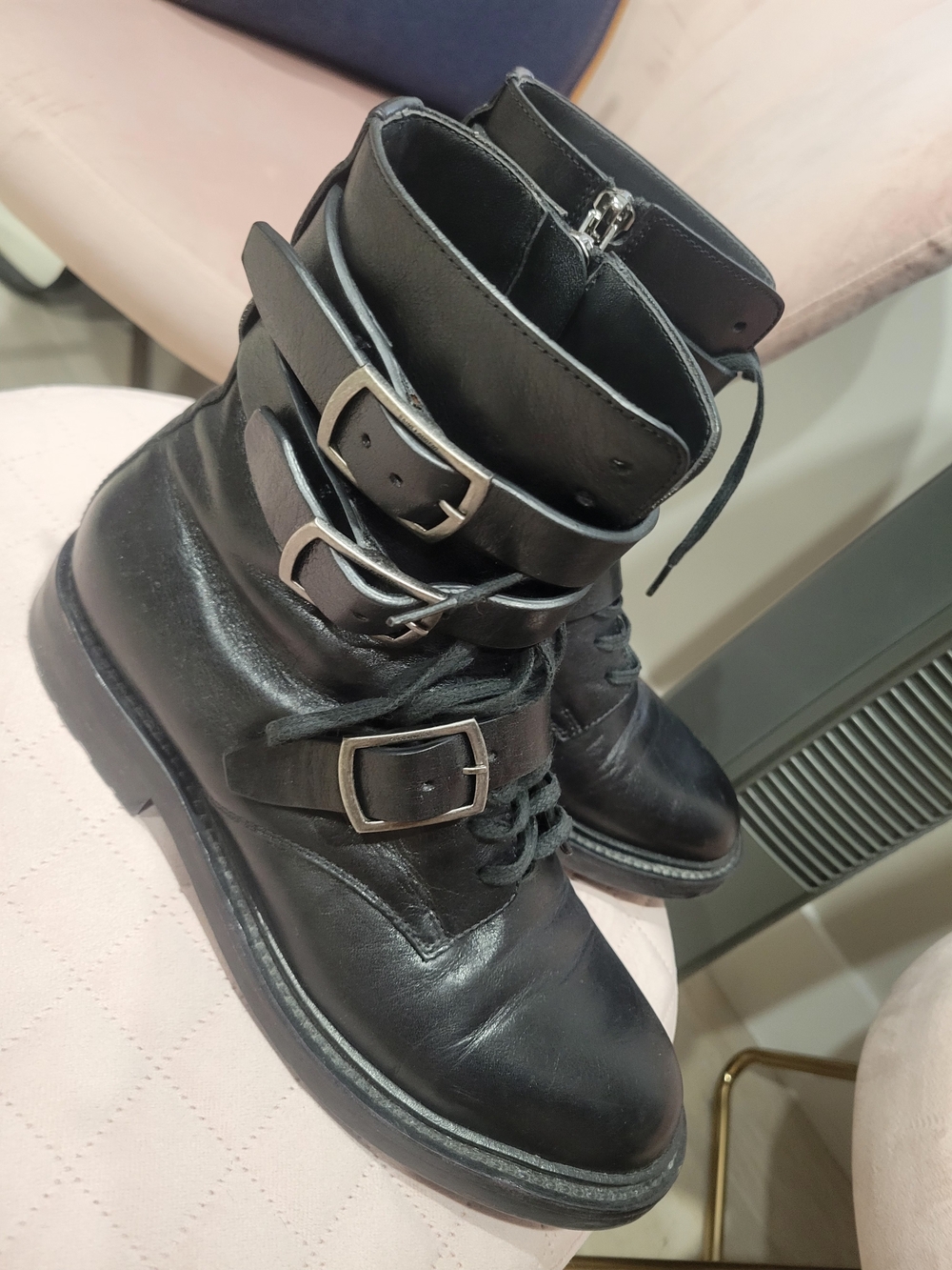Saint Laurent Black Leather Combat Boots with Buckles